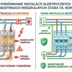 Ilustracja porównująca starą, niebezpieczną instalację elektryczną z nową, bezpieczną, z widocznymi bezpiecznikami i przewodami.