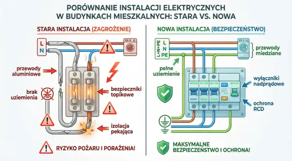Ilustracja porównująca starą, niebezpieczną instalację elektryczną z nową, bezpieczną, z widocznymi bezpiecznikami i przewodami.